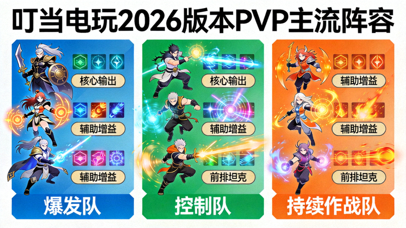 叮当电玩2026版本PVP主流阵容同屏展示 - 展示爆发队、控制队、持续作战队三种阵容的角色配置