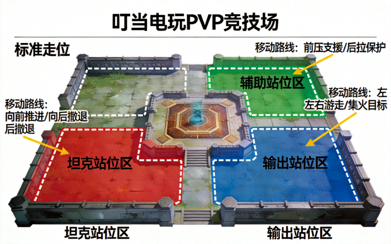 叮当电玩PVP竞技场标准走位示意图 - 标注坦克、输出、辅助的理想站位区域和移动路线