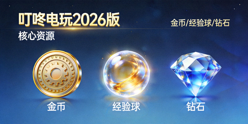 叮咚电玩2026版游戏内金币、经验球、钻石等核心资源图标展示